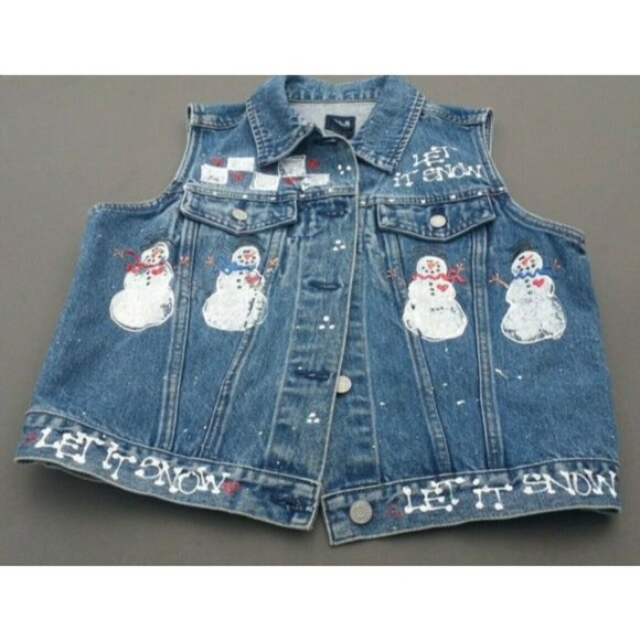 Girls Jean Vest Size M Holiday Winter Handpainted Snowman - Picture 3 of 12